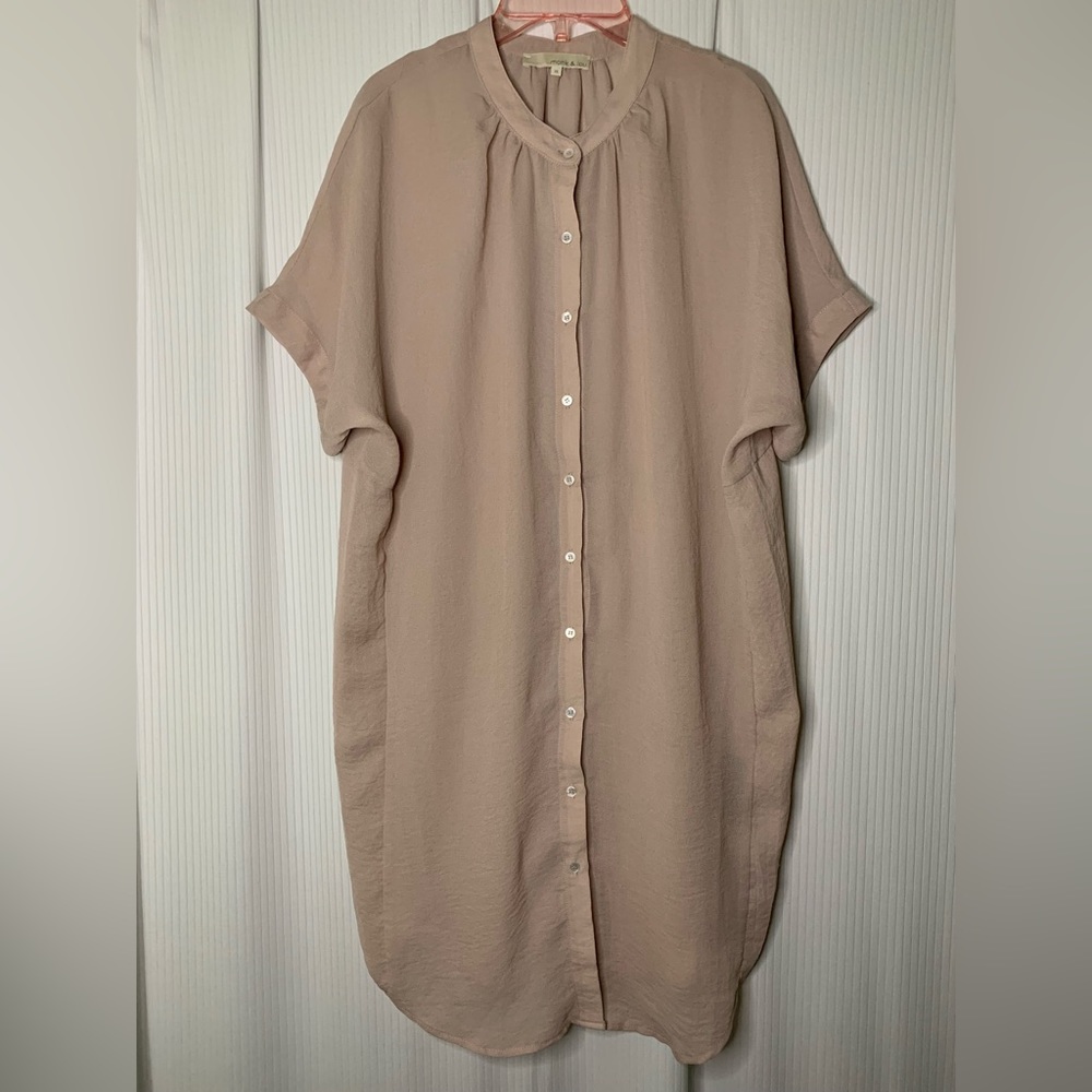 Monk & Lou Semi Sheer Tunic Button Front Short Sleeve Dusty Rose XS